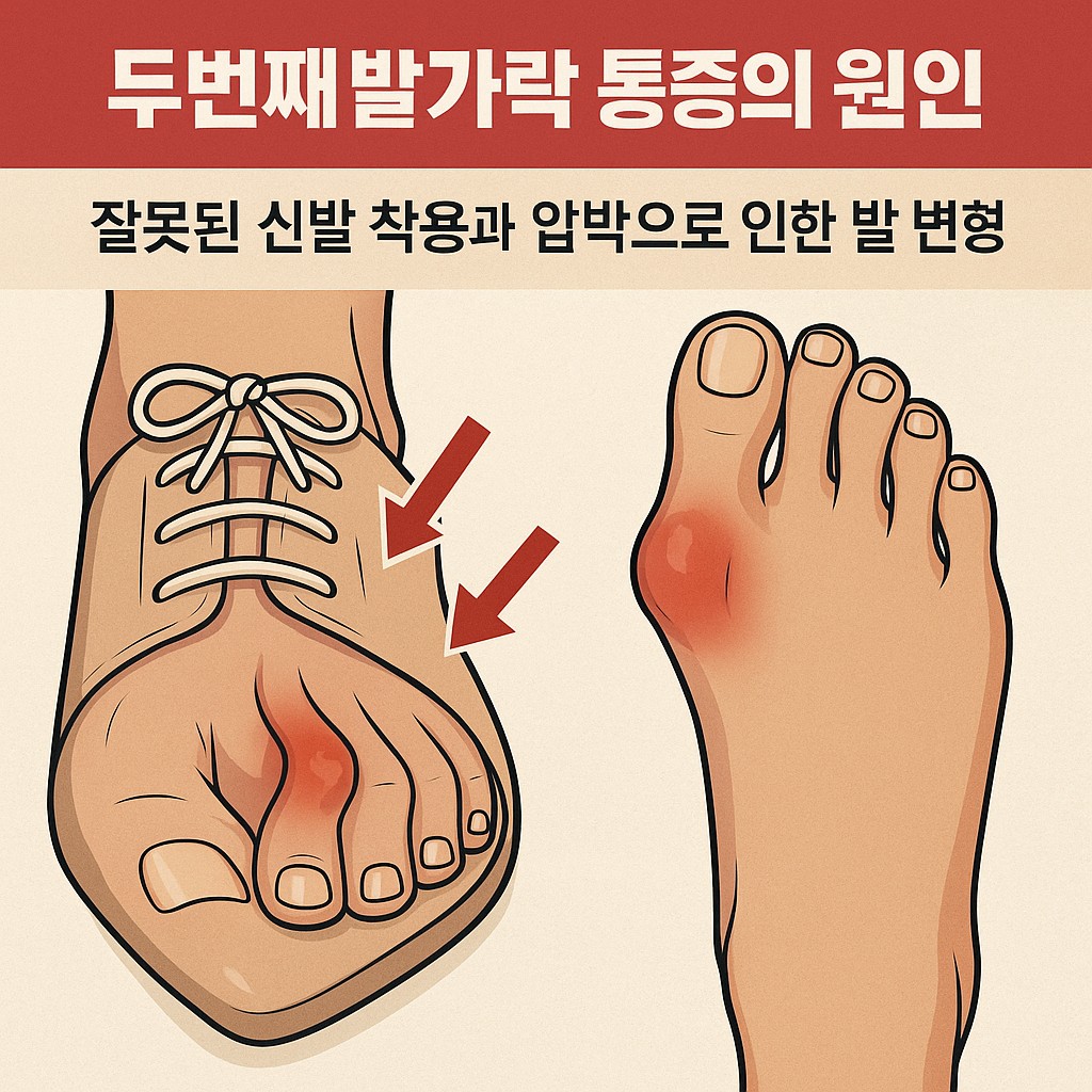 두번째 발가락 통증의 원인: 좁은 신발과 하이힐 압박으로 인한 중족골 부담과 발가락 변형