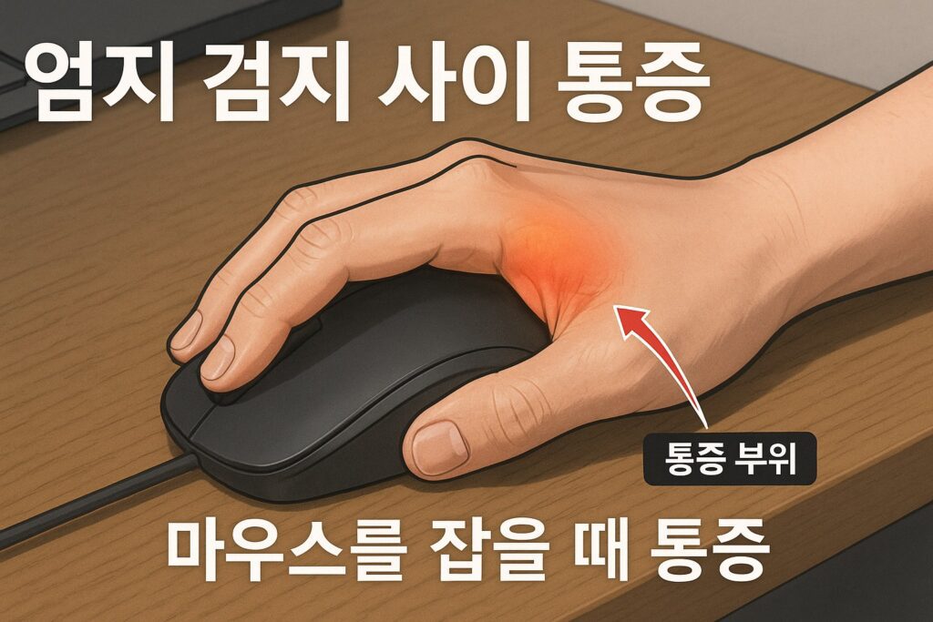 엄지 검지 사이 통증으로 마우스를 잡을 때 통증을 느끼는 장면 - 손목터널증후군 초기 증상