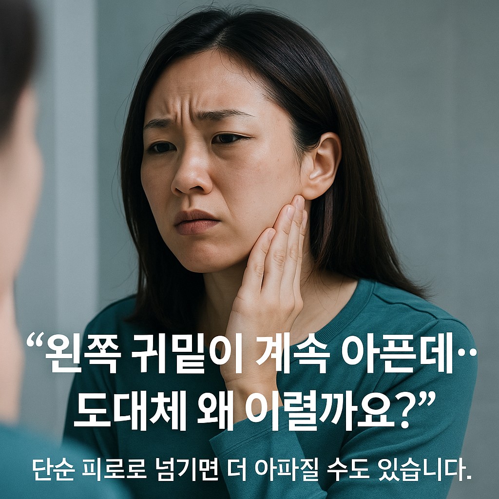 왼쪽 귀밑 턱 통증으로 불편함을 느끼는 여성 | 턱관절 통증과 침샘염의 초기 신호