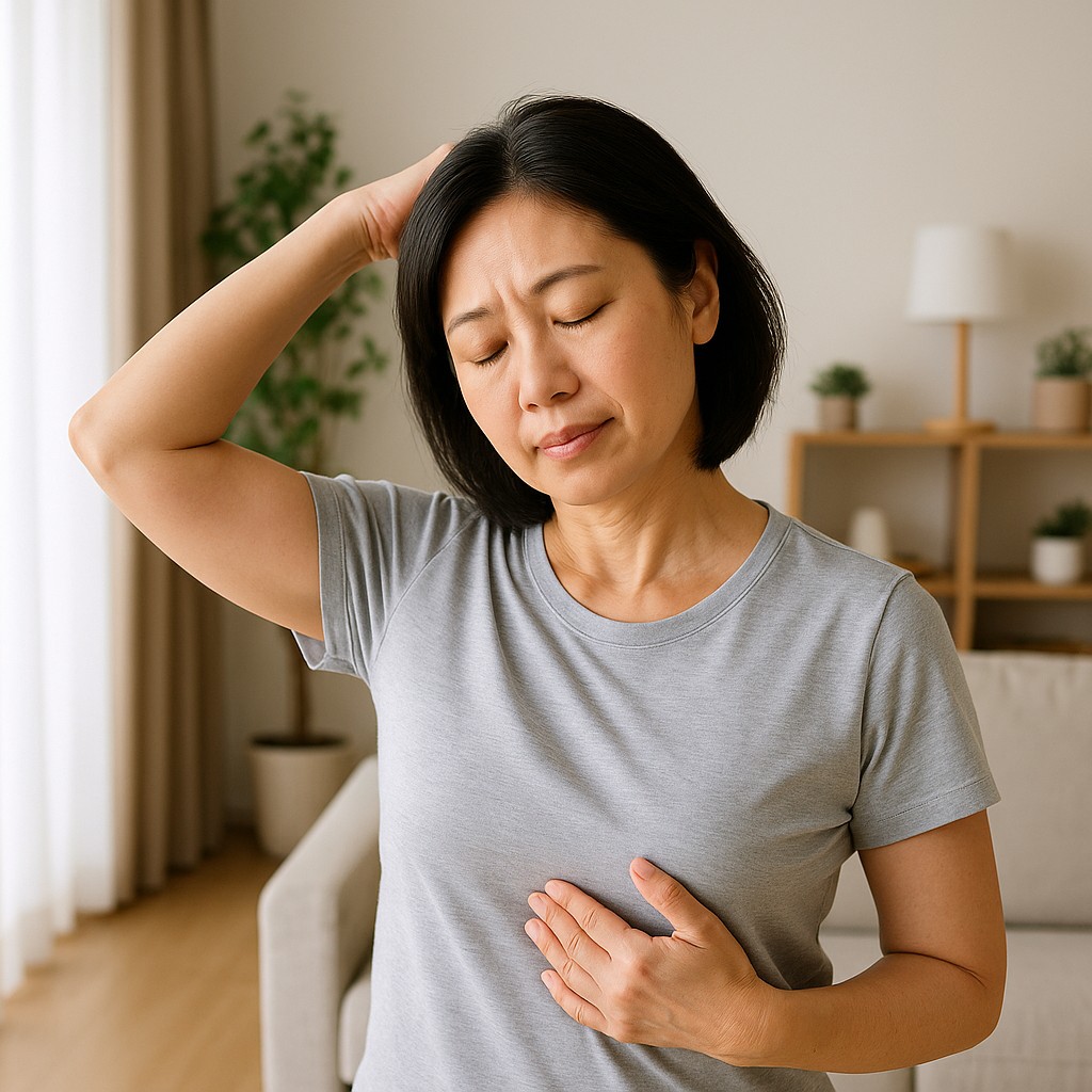 뒤통수 통증 완화를 위해 스트레칭을 하는 중년 여성의 모습, 거실에서 목을 부드럽게 좌우로 스트레칭하며 근육을 이완하는 장면