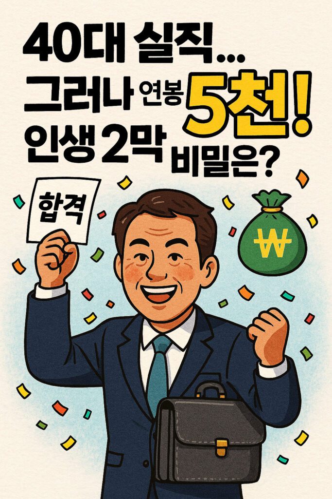 "40대 실직 후 재취업 성공, 연봉 5천으로 인생 2막을 시작한 중년 남성의 합격 일러스트"