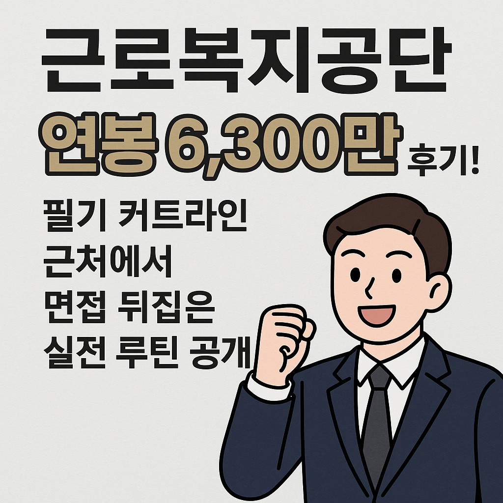 "근로복지공단 연봉 6,300만 후기, 필기 커트라인 근처에서 면접 뒤집은 합격 루틴 공개, 정장을 입은 남성이 파이팅 포즈를 취하는 일러스트"
