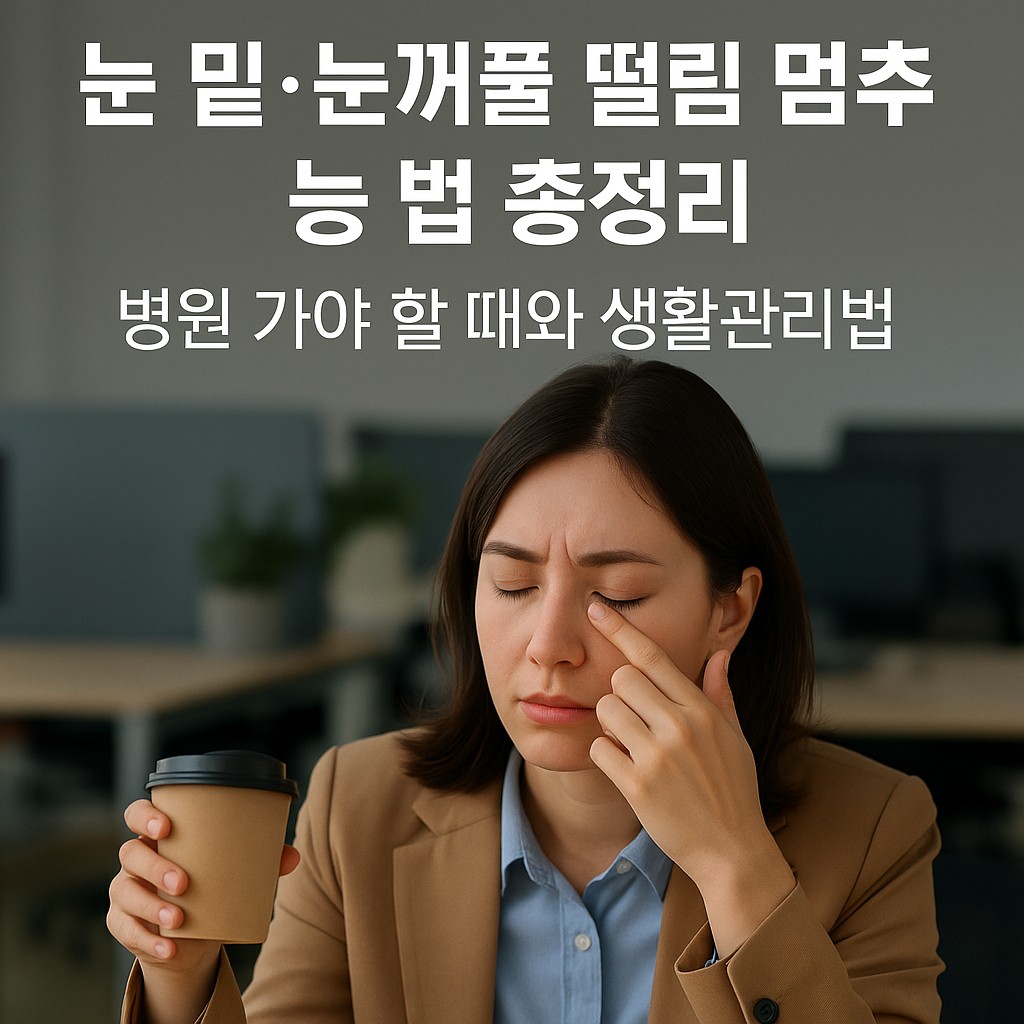 직장인 30대 여성이 눈 밑 떨림으로 눈을 지그시 누르는 모습 — 눈꺼풀 떨림 원인·해결 가이드 표지