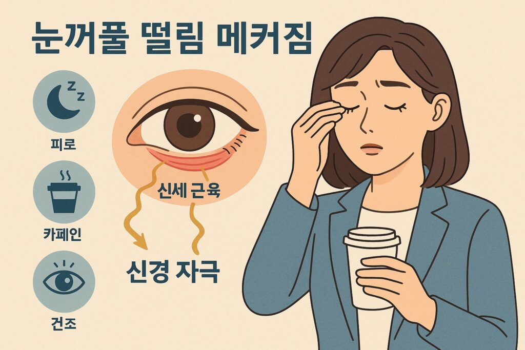 눈꺼풀 떨림 메커니즘 인포그래픽 — 피로·카페인·안구건조가 신경 자극을 통해 미세 근육 경련을 유발