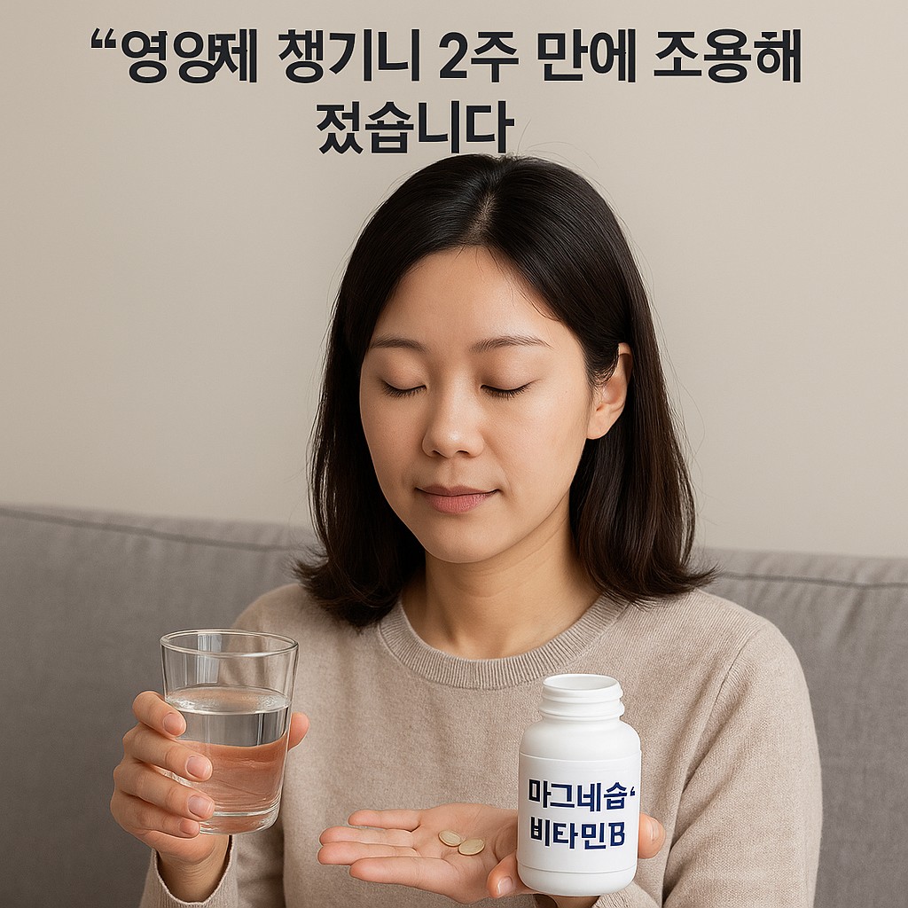 마그네슘·비타민 B 영양제와 물을 든 30대 여성 — 2주 복용 후 눈꺼풀 떨림 완화 사례