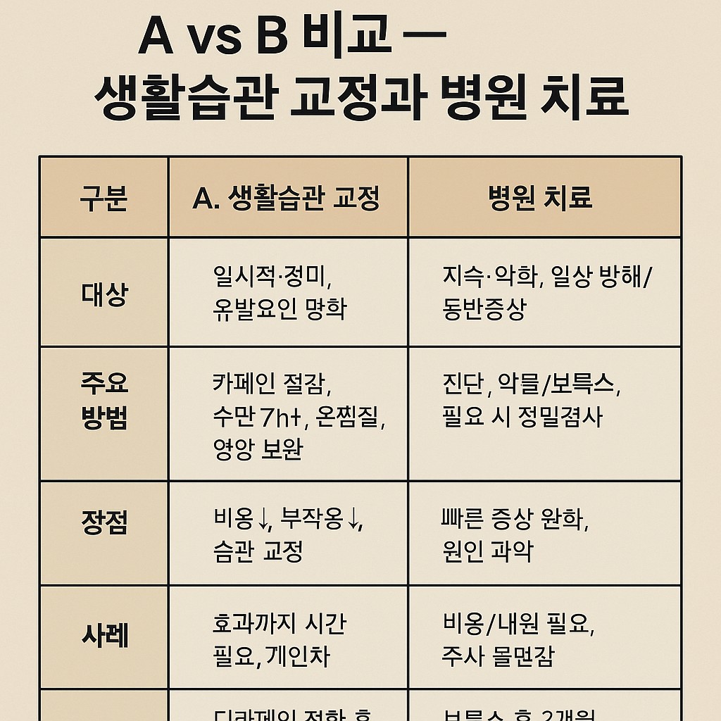 생활습관 교정 vs 병원 치료 비교 표 — 대상·방법·장점·단점·사례 요약