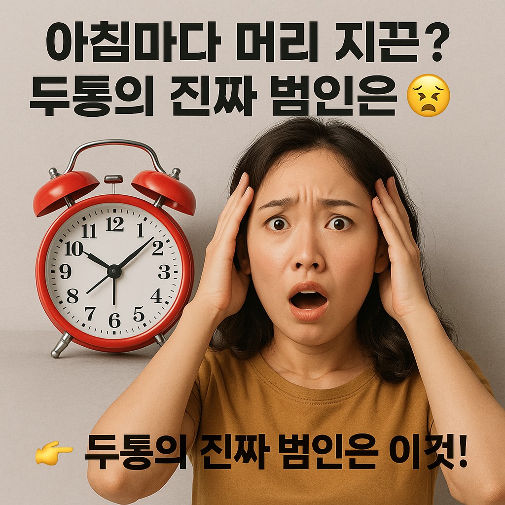 아침마다 머리 지끈 두통 원인, 놀란 여성과 빨간 알람시계, 아침 두통의 진짜 범인 건강 문제 해결법