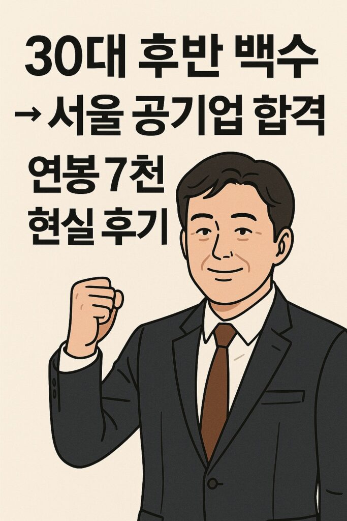 "30대 후반 백수가 서울 공기업 합격 후 연봉 7천을 달성한 현실 후기, 정장을 입은 남성이 주먹을 쥐고 당당하게 포즈를 취하는 모습"