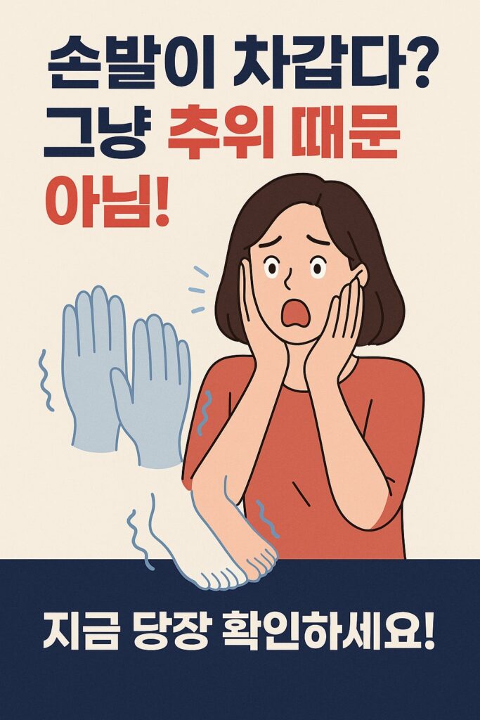 "손발이 차갑다? 그냥 추위 때문 아님! 깜짝 놀란 여성 일러스트와 파란색으로 표현된 차가운 손발 그림, 손발이 차가운 이유를 확인하라는 건강 경고 포스터"