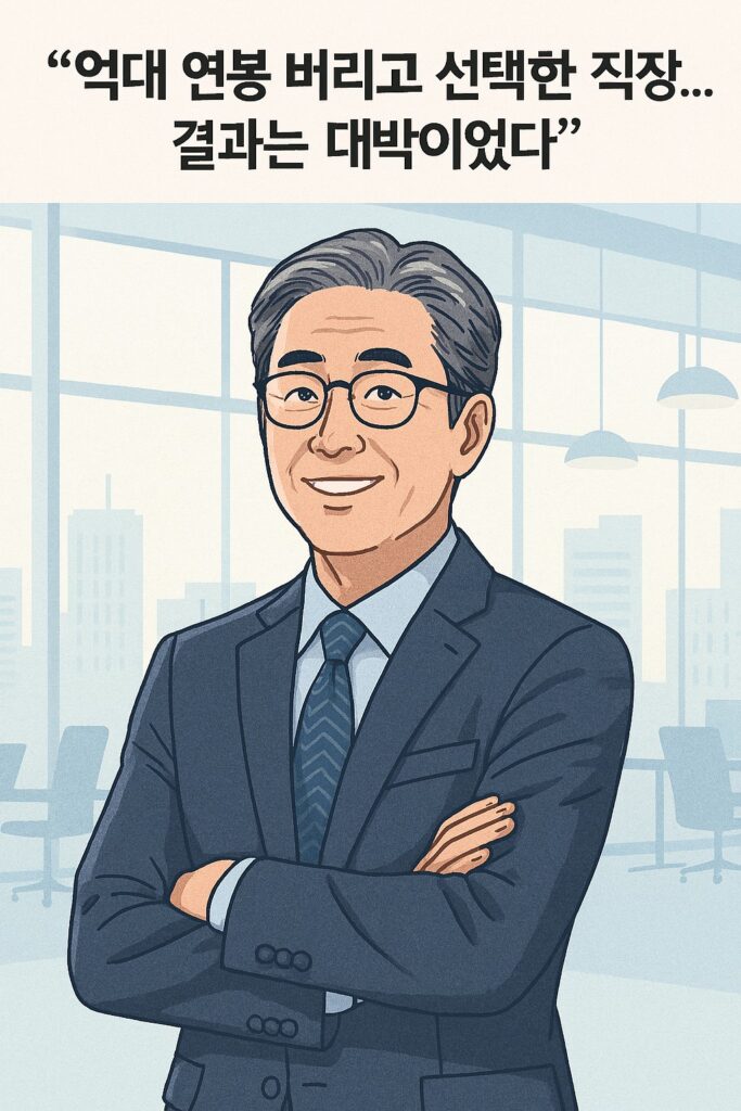 정장을 입고 미소 짓는 중년 남성이 팔짱을 끼고 서 있는 일러스트