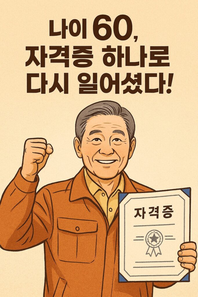 "60세 노인이 자격증을 들고 환하게 웃으며 다시 일어선 모습을 그린 일러스트