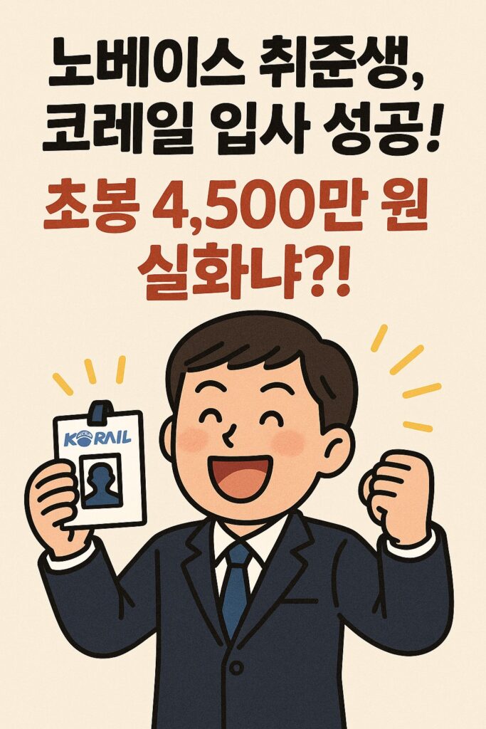 코레일 입사 성공한 신입사원, 초봉 4,500만 원 소식에 환호하는 취준생 일러스트