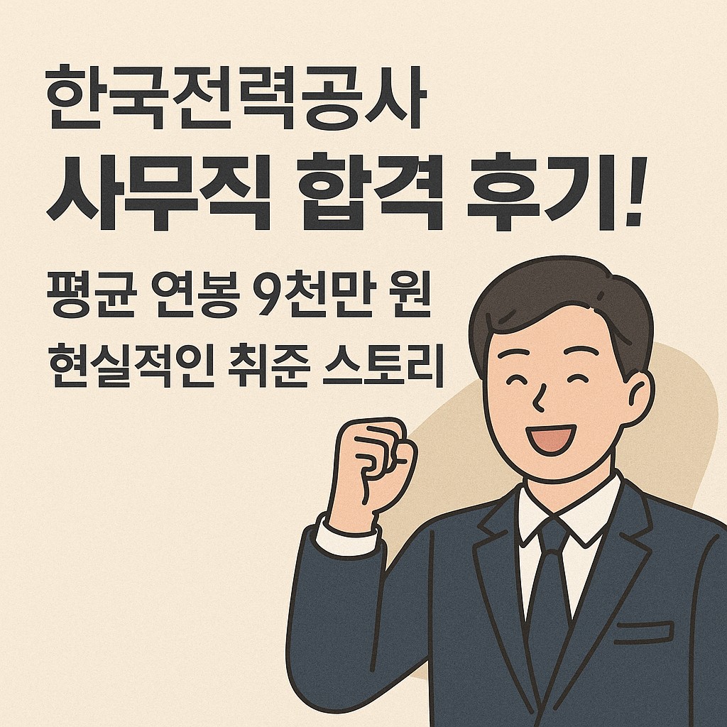 "한국전력공사 사무직 합격 후기 일러스트, 평균 연봉 9천만 원 취업 성공 스토리, 정장을 입고 웃으며 주먹을 쥔 남성"