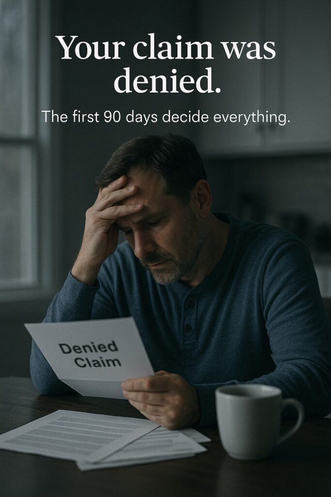 Denied insurance claim letter on a kitchen table; stressed policyholder holding his head, bills stacked nearby | denied insurance claim