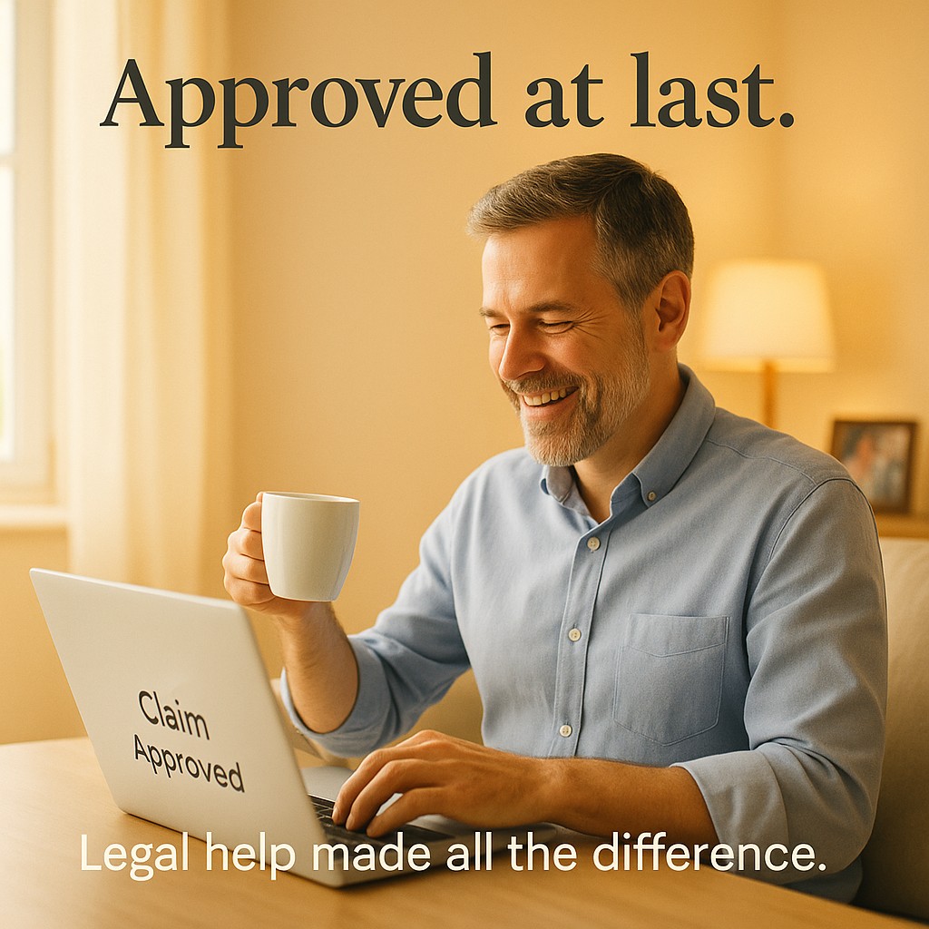 Policyholder smiling at ‘Claim Approved’ email, warm daylight and family photo in the background | legal help after insurance denial