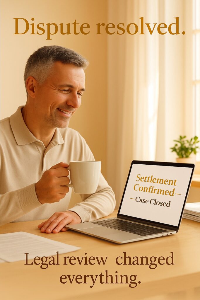 HR manager smiling after settlement confirmation — legal case reviews prevent litigation in employer liability disputes