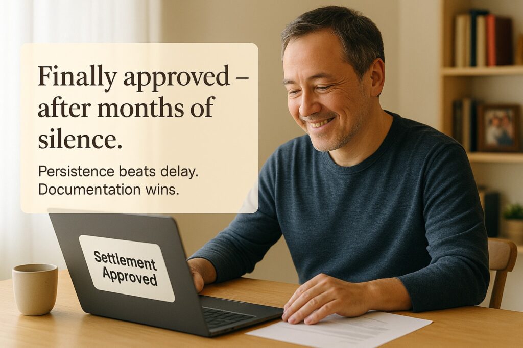 Policyholder finally receiving delayed insurance settlement after medical examination review | relief and financial stability