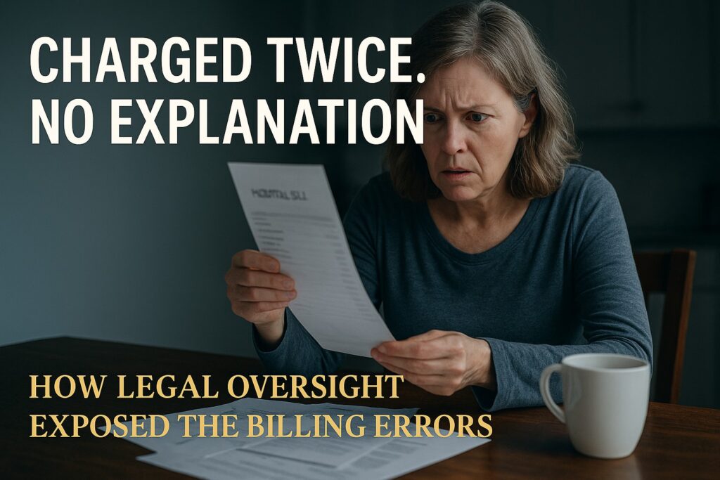 A middle-aged woman shocked by unexpected medical billing errors at her kitchen table — illustrating confusion and financial stress before legal oversight