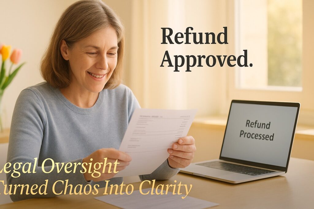 The same woman relieved after legal oversight corrected medical billing errors and refund approved — symbolizing clarity and patient protection
