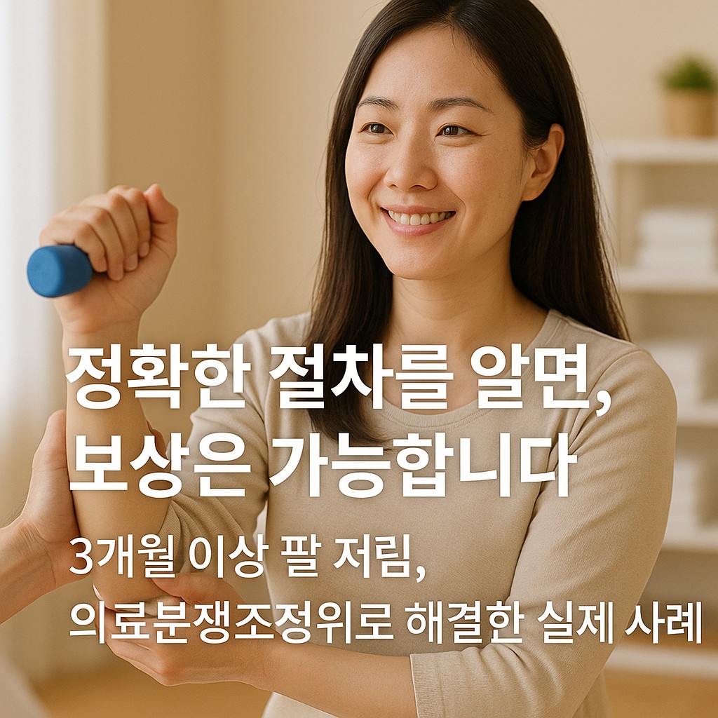 수술 후 팔 저림이 회복되어 재활 치료를 받는 30대 여성의 안도된 미소 | 의료사고 보상 절차