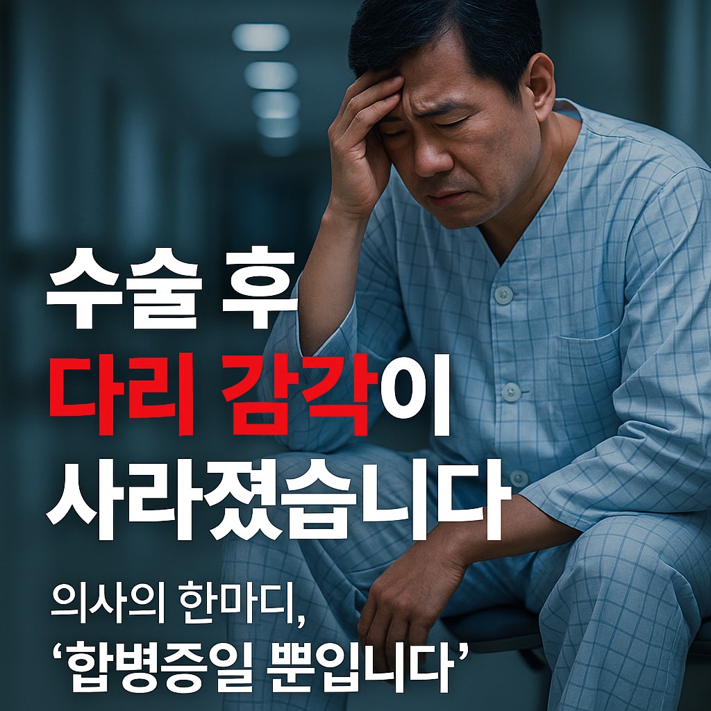 수술 후 다리 감각을 잃고 병원 복도에 앉아 절망적인 표정을 짓는 50대 남성 | 신경손상 보상 | 의료분쟁조정위원회 사례