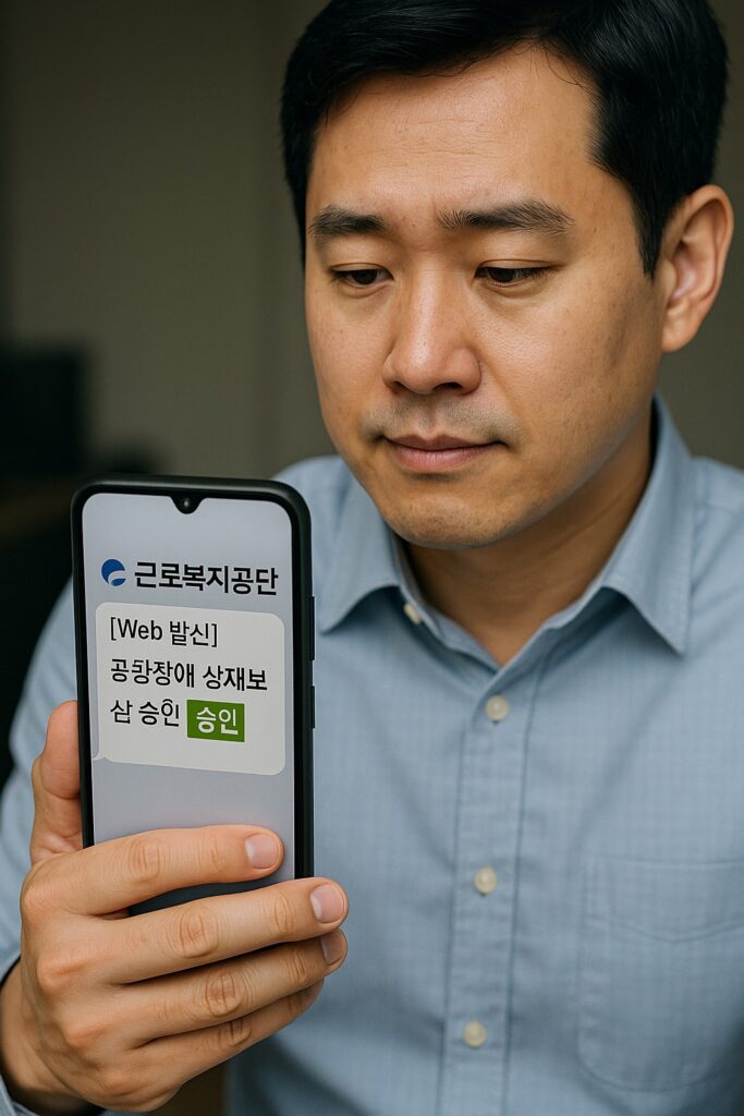 근로복지공단 공황장애 산재보험 승인 문자 수신 장면 | 직장인 승인 사례