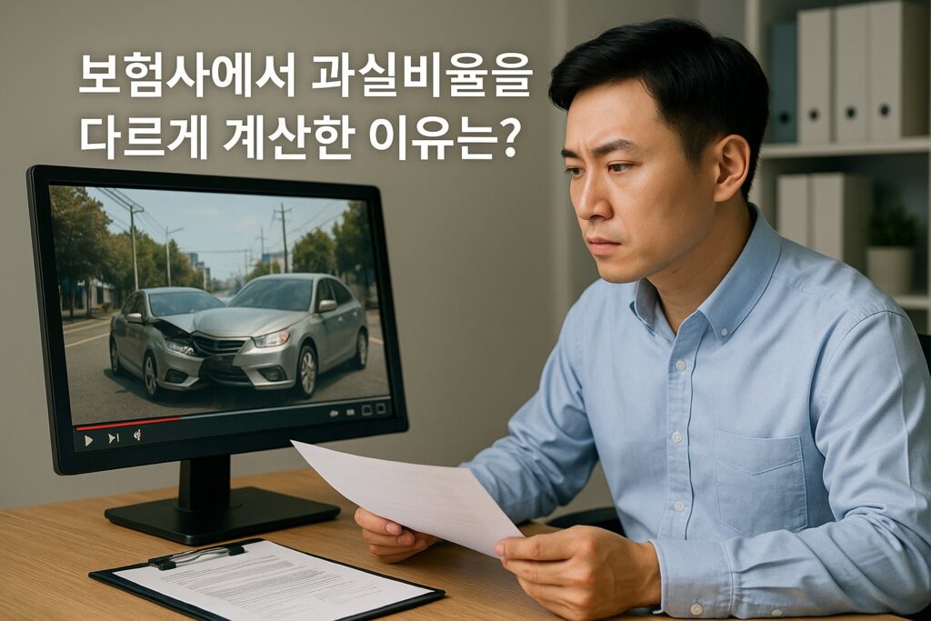 보험사 직원이 블랙박스 영상을 검토하며 접촉사고 과실비율을 산정하는 장면 | 접촉사고 과실비율 판단 과정