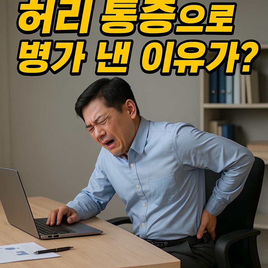 허리 통증으로 병가 낸 40대 직장인이 의자에서 고통을 느끼는 장면, 오래 앉은 자세로 인해 허리가 뻐근하고 찌릿한 통증을 호소하는 모습